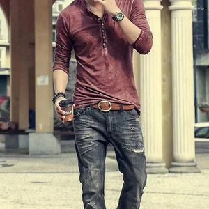 Costumes masculins A3636 Vintage Men Shirt Colon Couleur Couleur des chemises à manches longues Blouse Henley T-shirts Henley Coure avec Button Slim Slim