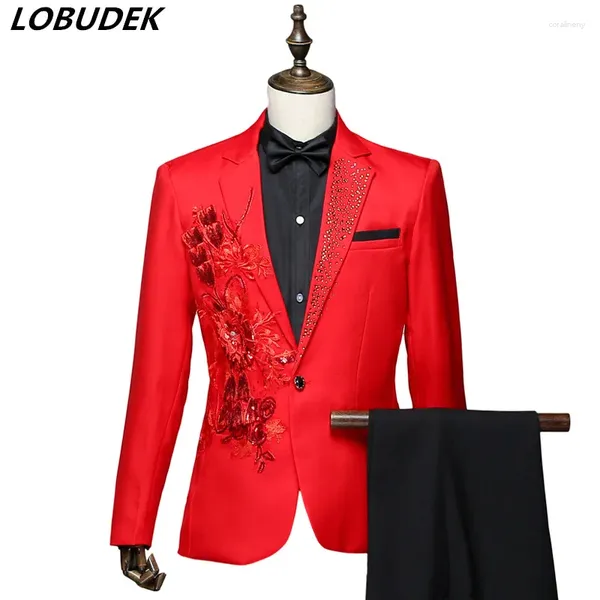 Costumes pour hommes adultes mâle de robe chorale tenue de scène rouge blanc rouge pantalon pantalon de veste de mariage