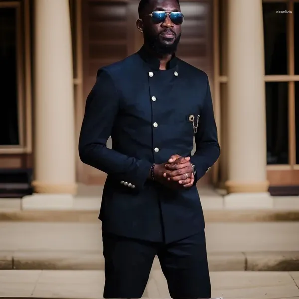Trajes para hombre, moda africana para hombre con cuello levantado, esmoquin para novio de boda, 2 uds., chaqueta ajustada, pantalones, 2024, hecho a medida