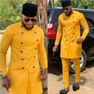 Trajes de hombre africanos amarillo sin cuello traje de senador tradicional esmoquin novio boda Prom Blazers para hombres 2 piezas chaqueta pantalones