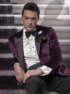 Costumes masculins Anniebritney 2 pièces Velvet violet Velvet Men Suit avec pantalon en laine noir