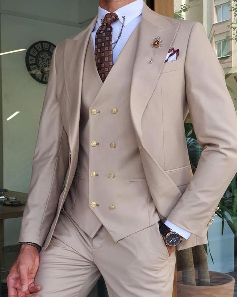 Trajes para hombre, chaqueta verde militar/Beige, pantalones, conjunto de traje para hombre, ajustado, Formal, graduación, novio, 3 uds., chaqueta, pantalones, chaleco, traje de fiesta de boda