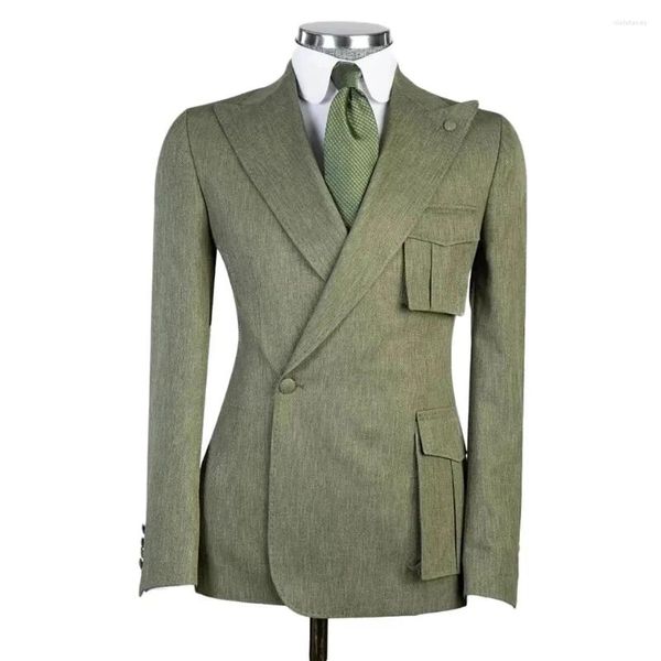 Costumes pour hommes Army Green Men 2 pièces Set Spacial Pocket Slim Fit Tuxedo Mariage de mariage Prom Color Couleur Blazers Jacket Pant