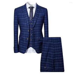 Trajes para hombres Llegada Azul / Gris Cuadros 3 Piezas Hombres Slim Fit Padrinos de boda Hombre Boda Cena de graduación Por encargo Formal