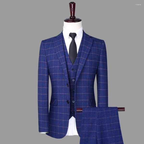 Costumes pour hommes Arrivée Plaid bleu pour hommes Chic Revers cranté Simple boutonnage Tenues à carreaux Business Casual Mariage Tuxedo 3 pièces