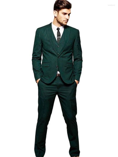 Trajes para hombres Llegada por encargo Slim Fit Blazer Verde oscuro Hombres completos para boda Solapa con muesca Ropa de novio 3 piezas Chaqueta Chaleco Pantalones Corbata