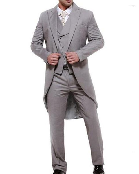 Trajes para hombre, chaqueta ajustada por encargo, conjuntos para hombre completos grises para boda, solapa con muesca, ropa para novio, chaqueta de 3 piezas, chaleco, pantalones y corbata