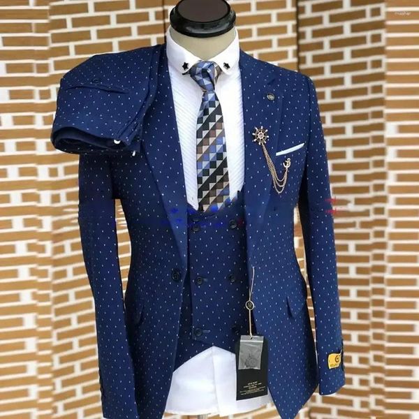 Trajes para hombres Punto de llegada para hombres 3 piezas Azul marino Moda Muesca Solapa Formal Casual Esmoquin de boda (Blazer Chaleco Pantalones)