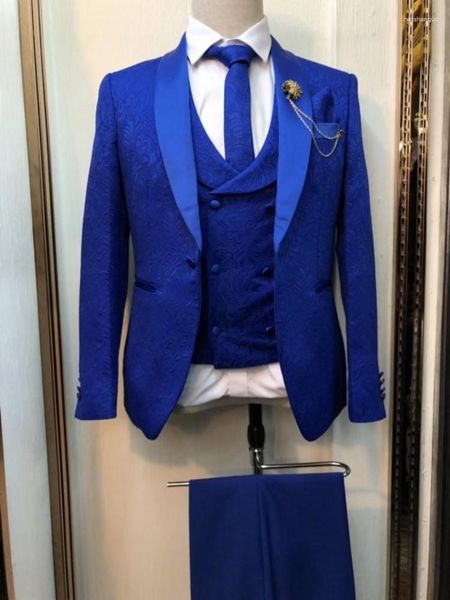 Costumes pour hommes arrivée hommes bleu Royal marié Tuxedos châle Satin revers garçons d'honneur mariage homme (veste pantalon gilet cravate) C943