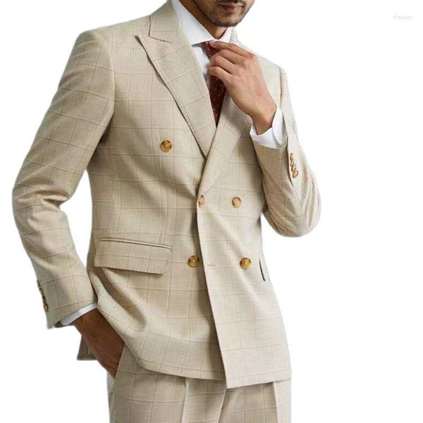 Trajes de hombre Llegada Retro Lino grueso Caqui claro A cuadros Solapa en pico Hombres cruzados para negocios Formal Slim Fit Wear 2 piezas