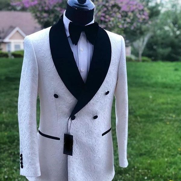 Costumes pour hommes Arrvial fait à la main blanc PAISLEY avec revers châle en Satin noir 2 pièces (veste pantalon) costume de dîner pour mariage