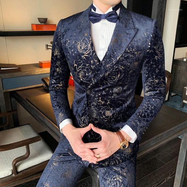 Trajes de hombre tamaño asiático azul hombres baile de graduación novio boda Patry esmoquin moda estampado Floral traje para hombre 3 uds Slim Fit masculino Blazers