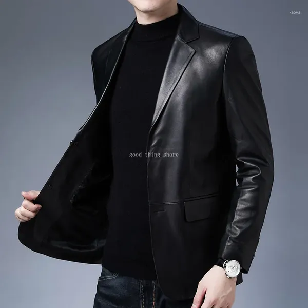 Trajes para hombres Otoño e Invierno Ropa de cuero genuino joven Chaqueta de oveja de primera capa Abrigo con cuello de soporte negro