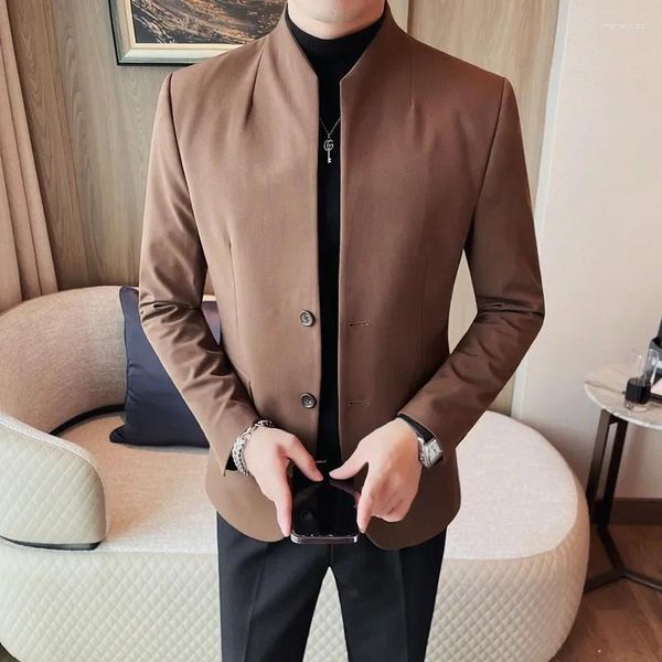 Costumes pour hommes Automne Style chinois Col montant Costume Veste pour hommes Slim Fit Casual Business Blazers Mariage Marié Robe Manteau Costume Homme