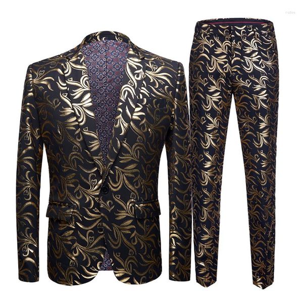 Costumes pour hommes automne angleterre Style or brillant bronzant costume hommes décontracté mince fleur imprimé fentes pour 2 pièces veste et pantalon