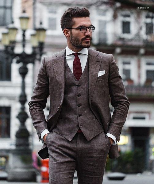 Trajes de hombre otoño vino claro rojo Tweed Blazer conjuntos para hombres Formal 3 piezas novio traje de boda con chaleco pantalón