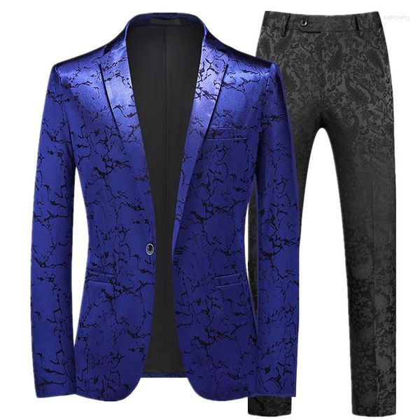 Costumes pour hommes Automne Prom Party Dress Costume Noir / Bleu Mode Hommes Petit Jacquard Blazers Veste Et Pantalon Taille 6XL-S