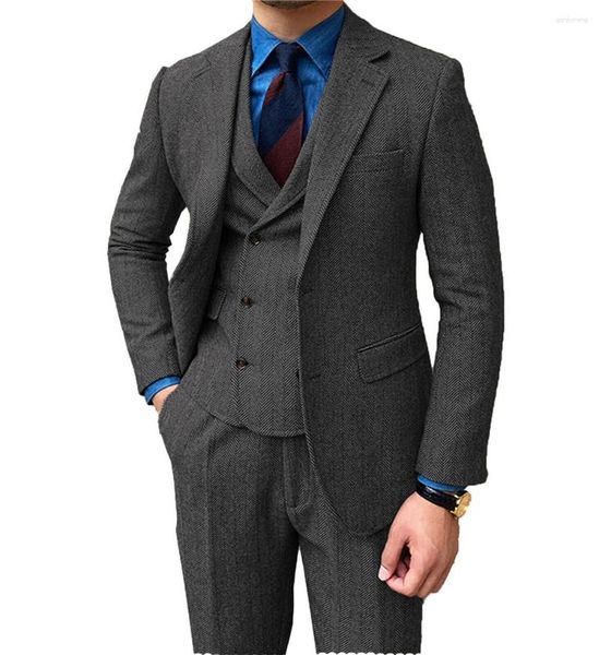 Trajes De Hombre Otoño/Invierno Gris/Marrón Hombres Blazer De Negocios En Espiga Slim Fit Chaqueta De Un Solo Pecho Chaleco Pantalones Casual Elegante 3 Piezas