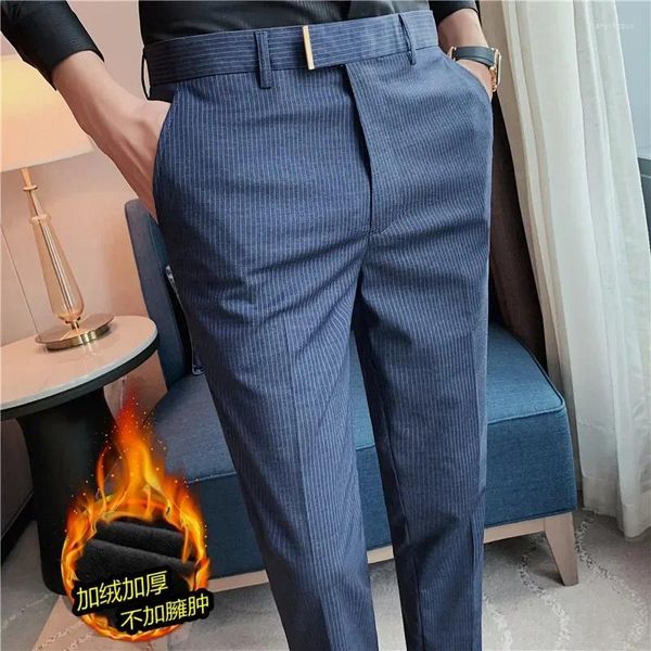 Costumes pour hommes Automne Hiver Haute Qualité Pantalon De Costume Rayé Hommes En Peluche Épais Chaud Slim Fit Robe Formelle Affaires Casual Pantalon Social