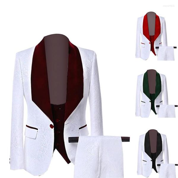 Trajes de hombre Otoño Invierno lujo blanco Jacquard terciopelo rojo hombres traje de boda 3 piezas año traje fiesta esmoquin vestido ropa masculina