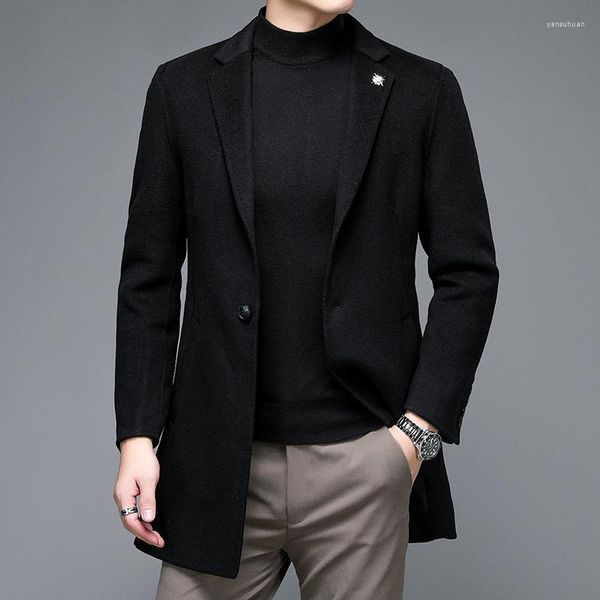 Costumes pour hommes automne hiver porter du cachemire doux chaud bleu noir conception de poche simple bouton unique revers ouvert coupe blazer tenues