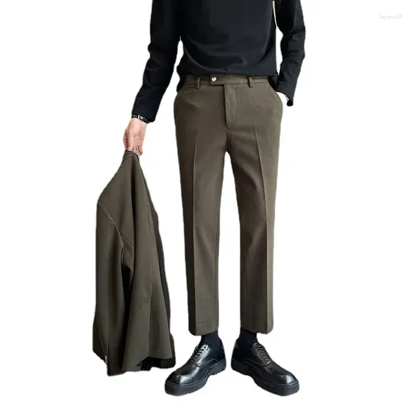 Trajes de hombre Otoño Invierno pantalones casuales de lana hombres ropa de calle coreana moda de oficina Slim Fit pantalones de traje hasta el tobillo pantalones de hombre