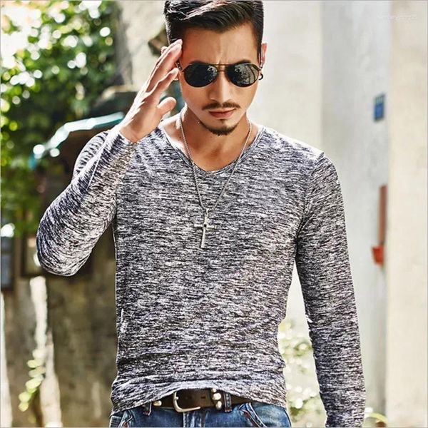 Trajes para hombres B7263 Camiseta de moda para hombres Camiseta casual de manga larga Slim Tops básicos Camisetas Camiseta elástica de verano Ropa para hombres Chemise