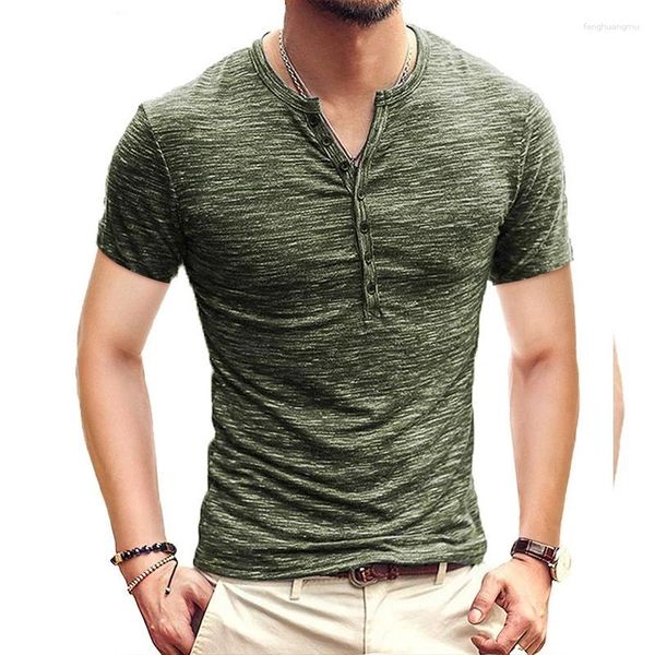 Trajes para hombres B8263 Hombres Henley Camiseta de manga corta con estilo Slim Fit Camiseta con botones con cuello en V Camisetas casuales Tamaño de EE. UU.