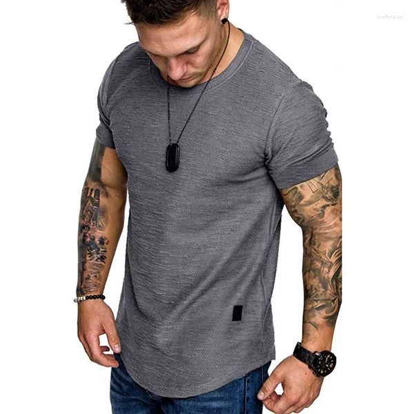 Trajes para hombres B8364 Verano Hombres Manga corta Camiseta Casual Cuello redondo Moda Elástico Ajuste Divertido Streetwear Sólido Camiseta Hip Hop Tops S-XXL