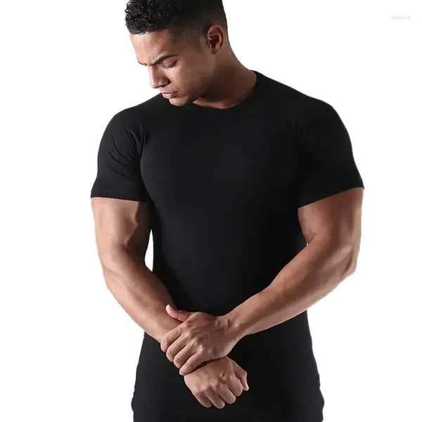 Trajes para hombres B8708 Hombres de manga corta Negro Sólido Camiseta de algodón Gimnasios Fitness Culturismo Entrenamiento Camisetas Hombre Verano Casual Slim Tee Tops