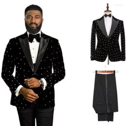 Herenpakken Beading Men Slim Fit zwart fluwelen bruiloft Tuxedos 2 -delige modejack met broek bruidegom slijtage smoking