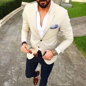 Herenpakken Beige Blazer Navy Blue Pants Custom Made Made Men Suite 2 -delige bruidegom Tuxedos Slim Fit Mens Wedding Terno Masculino