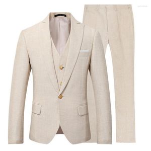 Costumes pour hommes Beige Ivoire hommes costume décontracté lin plage mariage marié élégant robe de bal tenue de soirée 3 pièces (veste gilet pantalon)