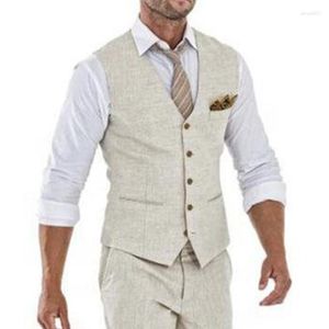 Costumes pour hommes Beige lin gilet décontracté pour hommes été col en V simple une pièce costume gilets mâle mode manteau arrivée