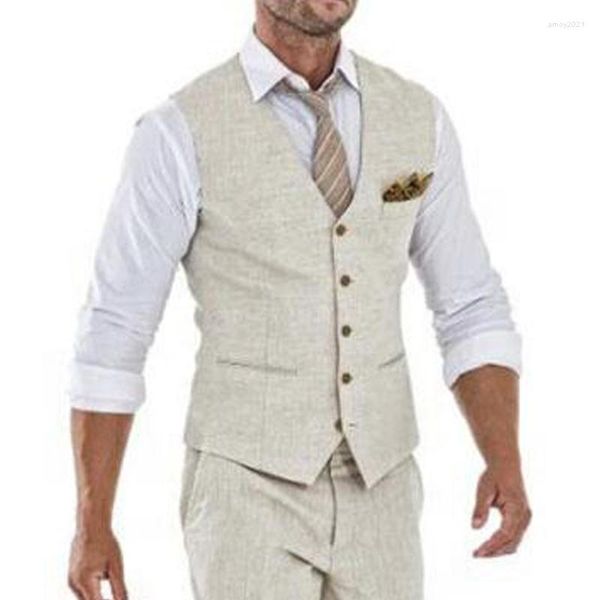 Trajes de hombre Chaleco informal de lino beige para hombres Verano con cuello en V Traje de una sola pieza Chalecos Moda masculina Abrigo