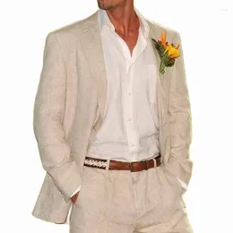 Costumes pour hommes Beige lin hommes 2 pièces plage mariage veste de Style américain avec pantalon formel marié Tuxedos mâle (Blazer pantalon)