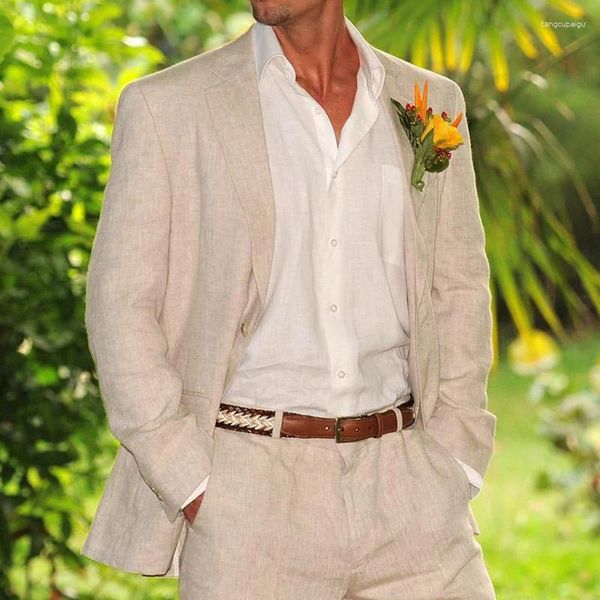Trajes de hombre de lino Beige, traje de boda de playa de verano, frac de novio personalizado de 2 piezas, fiesta Formal de negocios (pantalones de chaqueta)