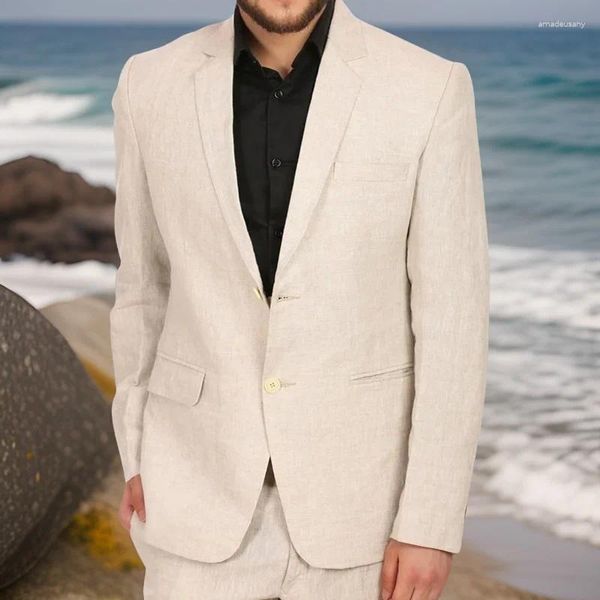 Trajes de hombre Beige lino verano hombres 2 piezas novio esmoquin 2024 en Stock traje de boda en la playa chaqueta de moda masculina con pantalones