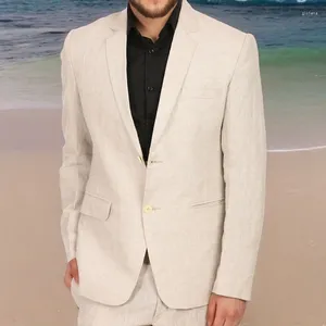 Costumes pour hommes Beige Lin Été Hommes Pour Bal 2 Pièces Marié Tuxedo 2023 En Stock Costume De Mariage De Plage Mâle Veste De Mode Avec Pantalon