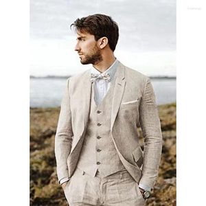 Costumes pour hommes Beige Hommes Lin Simple Boutonnage Mariage Élégant Marié Porter Vêtements Costume Mariage Homme 3 Pièces (Veste Gilet Pantalon)