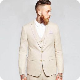 Costumes pour hommes beige Slim Fit Beach Wedding Groom Tuxedo 3 pièces (pantalon de veste Veste) Birgroom HOMME HOMME BLAZER Costume Homme