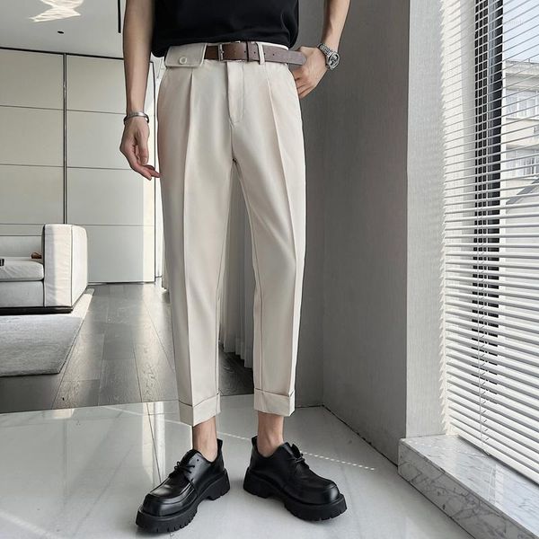 Trajes de hombre Pantalones de traje de cinturón Hombres Slim Fashion Social Mens Dress British Casual Straight Black Khaki Beige Pantalones formales