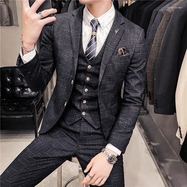 Trajes para hombres Negro Azul 3 piezas Hombres Traje formal de novio de negocios Conjuntos para boutique de moda Vestido de novia a cuadros (chaqueta chaleco pantalón)