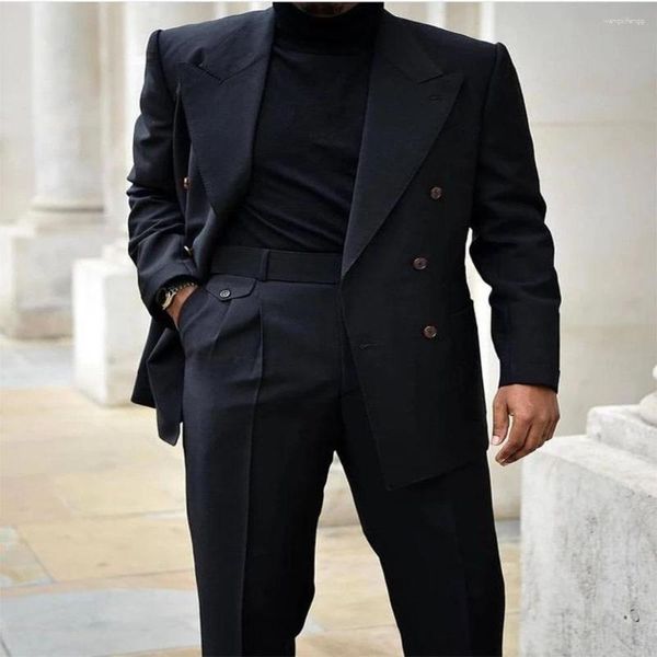 Trajes de hombre, abrigo negro, solapa ancha, 2 uds., cuello de cierre, esmoquin de boda de negocios (pantalones de chaqueta), conjunto de traje de hombre hecho a medida a medida