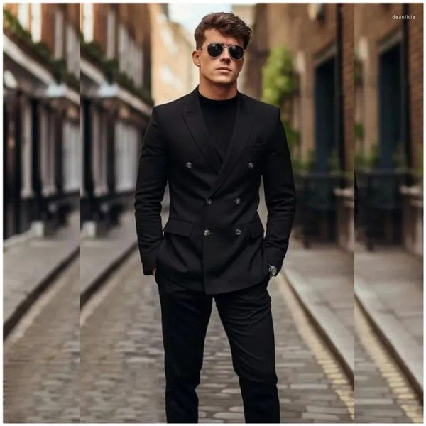 Costumes masculins Black Double Breasted Men Elegant Formal Mariage décontracté Groom Robe Terno Blazer Taphed Blazer Pantalon de veste en 2 pièces