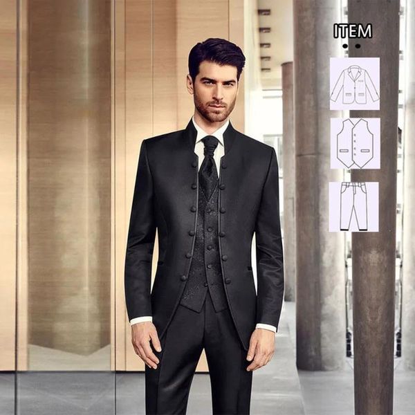 Trajes para hombres de moda negra hombres stand cuello blazer novio vestida de fiesta elegante boda esmoquin 3 piezas disfraz homme verter marrón