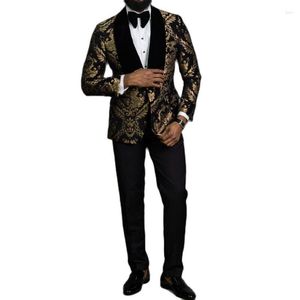 Herenpakken Zwart Bloemen Jacquard Prom Mannen 2-delig Slim Fit Met Fluwelen Sjaal Revers Bruiloft Bruidegom Tuxedo Mannelijke Mode Kleding 2023