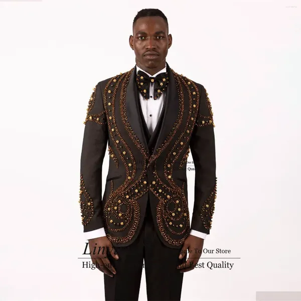 Costumes pour hommes Noir Or Perlé Groom Tuxedos Châle Revers Mariage Hommes 3 Pièces Ensembles Mâle Party Blazers Slim Fit Terno Masculino Completo