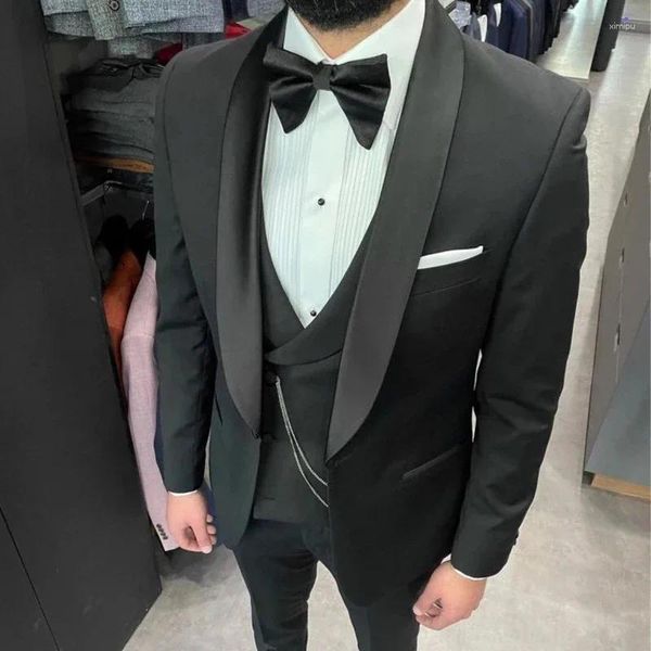 Trajes para hombres Novio negro Esmoquin para boda Mantón Solapa Slim Fit Hombres 3 piezas Fumar Moda Fiesta de graduación Blazer (Chaqueta Pantalones Chaleco) 2024