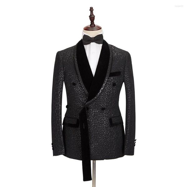 Trajes De Hombre Traje De Hombre De Jacquard Negro 2 Piezas Blazer Pantalones Esmoquin Un Botón Solapa De Terciopelo Negocios Suaves Novio De Boda Moderno